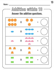 Addition Within 10 Worksheet with Colorful 2D Shapes for Kindergarten to First Grade Students (Printable PDF)