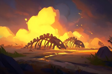 Dinosaur skeletons under a blazing sky