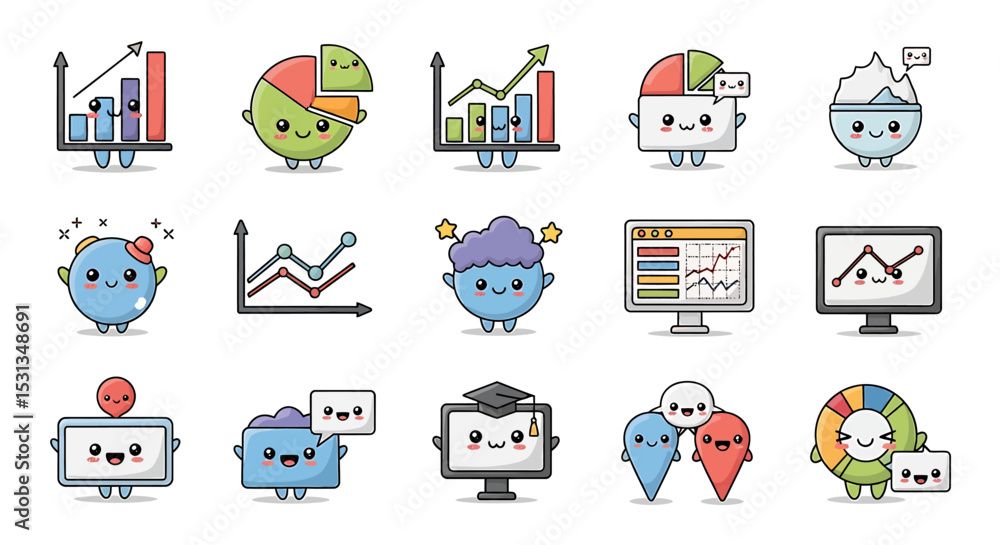 Poster vector icons set of cute cartoon data visualization characters. vector illustrations