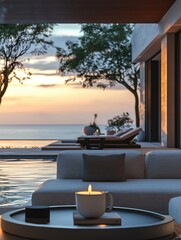 Obraz premium A open living room of an ultra-luxury mansion with outdoor sofa seating , coffee cup and candle on the table, beside a interior bar, overlooking an infinity pool and morning ocean. Generative AI.