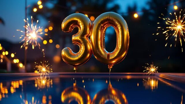 Golden number 30 balloons with sparklers glowing in dark blue party setting, festive birthday celebration atmosphere with vibrant lights. Concept: birthday party, event planning, decor rental.