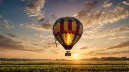 Obraz premium A colorful hot air balloon floats gracefully above a vibrant green field during a beautiful sunset.