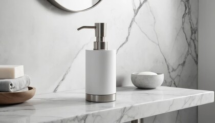 Sleek white soap dispenser with stainless steel accents sits on a marble countertop in a modern bathroom.