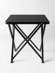 A black folding table with a white background