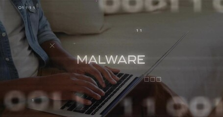 Man typing laptop on couch causing circuit and binary overlays for cybersecurity threat removal - Powered by Adobe