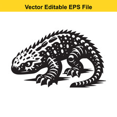 A black and white illustration of a thorny lizard, showcasing intricate details and a stylized design.