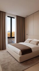 Serene Bedroom with Soft Neutral Tones, Comfortable Bedding, Natural Light, and Modern Minimalist Design for Peaceful Relaxation.