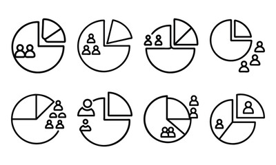 Bundle of Pie Chart and People Silhouette Icons in Minimal Style on White Background – Business Analytics, Demographics, Market Share, and Data Visualization Vector Set

