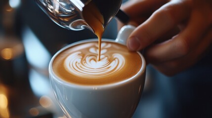 Pouring Latte Art into a Freshly Brewed Coffee Drink