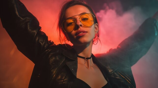 A chic girl in a black leather jacket and neon orange glasses, dancing energetically in a neon-lit club with swirling smoke