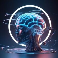 Obraz premium Futuristic AI-Human Hybrid with Neural Interface and Glowing Brain
