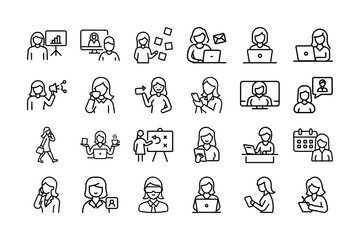 Digital Business Concept: Professional Woman Working on Laptop and Smartphone for Online Marketing Strategy and Remote Work Management. Editable stroke