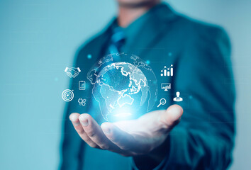 Hands showing the world of digital marketing, business concept, technology, international market, global internet connection, big data, business technology, finance, internet global, internet,	
