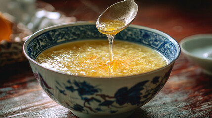 Pouring honey into a bowl of soup with a spoon and a blue and white floral design on the bowl edge