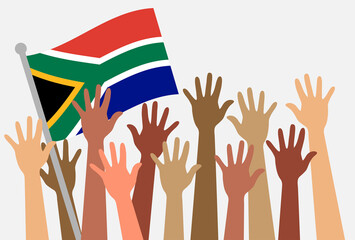 South Africa flag with multicolored people hands represent youth day in South Africa.