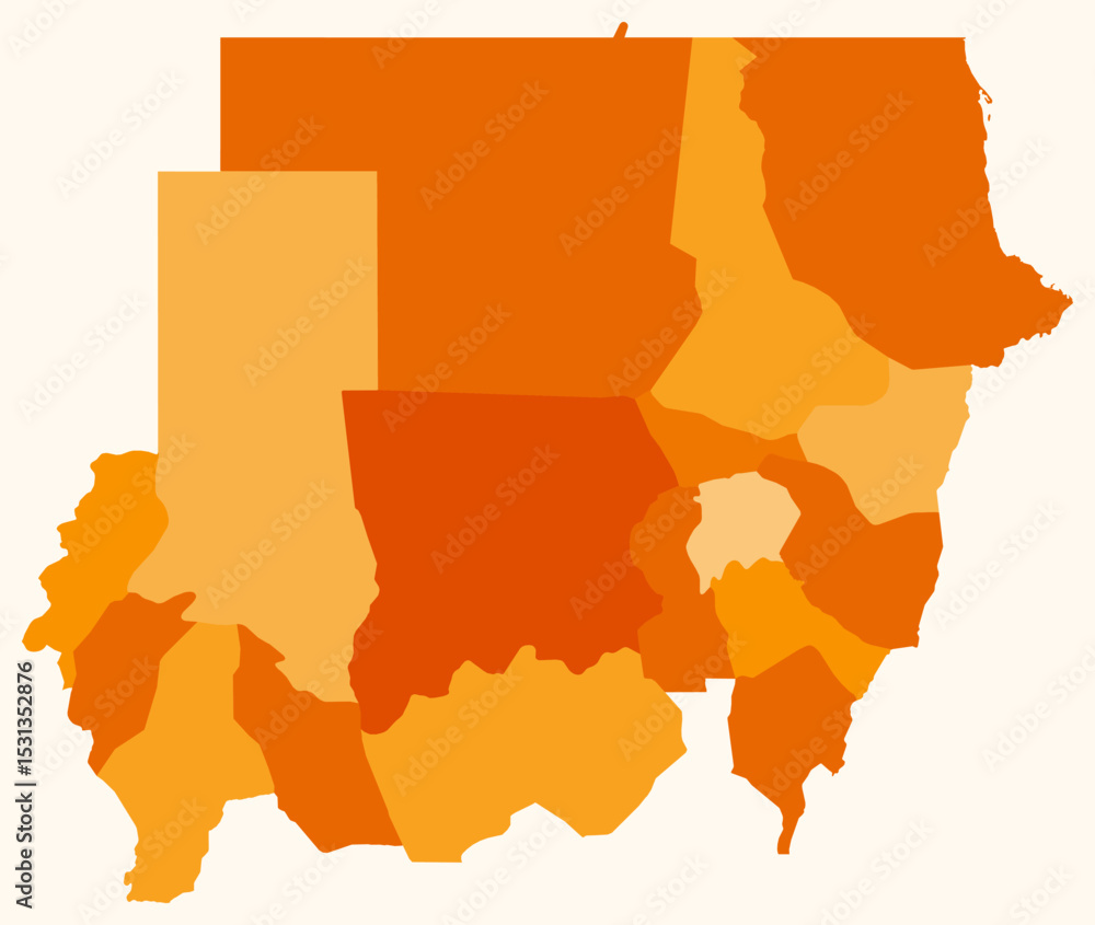 Poster map of sudan with regions. just a simple country border map with region division. orange color palet