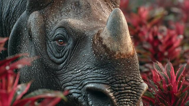 Close-Up of a Majestic Javan Rhino with Red Foliage in the Wild habitat and skin details