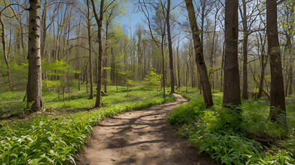Fototapeta premium A remote forest trail during early spring, with fresh greenery, birds in the sky, and a gentle breeze stirring the leaves