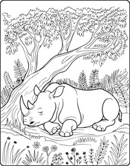 Fototapeta premium Cute cartoon rhino sleeping under a tree in jungle natural scene vector line art illustration for children coloring page design