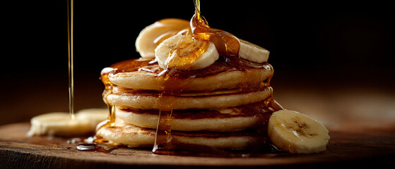 A stack of pancakes topped with banana slices and syrup being poured on them against a dark background