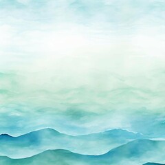 Obraz premium Serene Watercolor Landscape Misty Mountains and Tranquil Sky, Teal and Green Hues