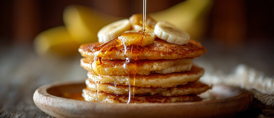 Stack of pancakes with banana slices and syrup being poured on top on a wooden plate close up view