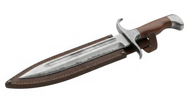 A close-up of a standard gigapixel dagger with a worn blade and brown leather sheath rendering.