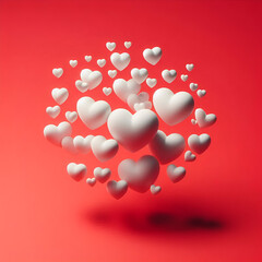 Romantic white hearts floating on red background perfect for Valentine's Day cards and love themed designs