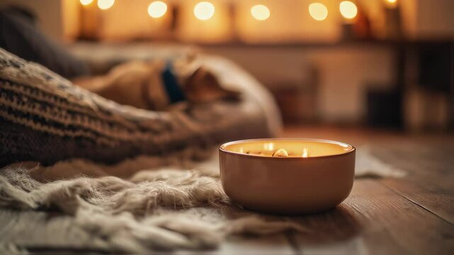 Cozy Living Room with Candle and Dog
