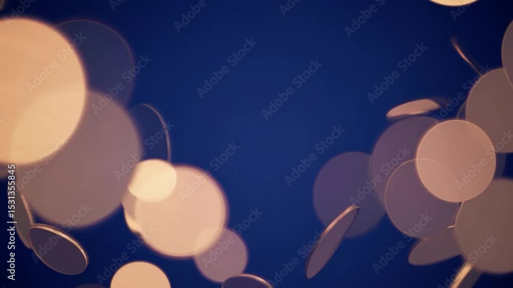 Poster shimmering golden bokeh particles drifting softly across deep blue background, generating enchanting