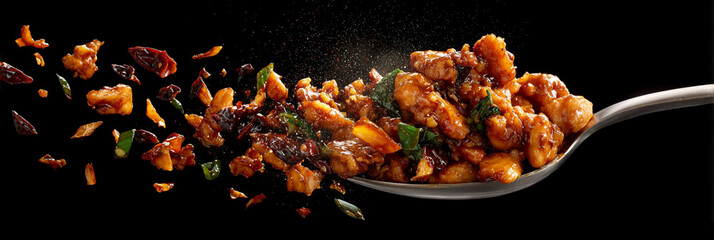 Close up of kung pao chicken on a spoon with ingredients floating against a black background