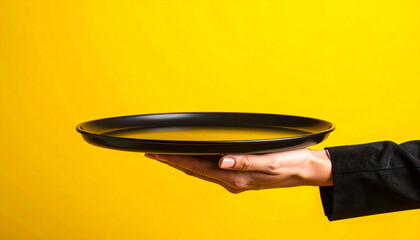 Server's Hand Holding Empty Black Tray
