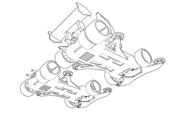 Wireframe, Depiction, Technical Drawing, Simple Line Art, Outline Illustration, Monochrome graphic showing two mini 4WD or yonku race cars. Ideal for technology, engineering, or hobby designs.