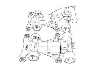 Wireframe, Depiction, Technical Drawing, Simple Line Art, Outline Illustration, Monochrome graphic showing two mini 4WD or yonku race cars. Ideal for technology, engineering, or hobby designs.