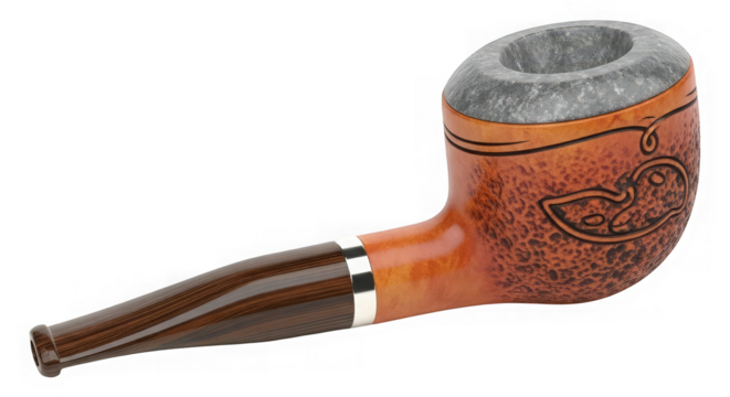 A detailed studio shot of a classic smoking pipe showcasing its wooden textures and stone bowl