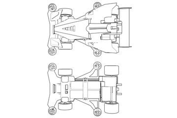 Wireframe, Depiction, Technical Drawing, Simple Line Art, Outline Illustration, Monochrome graphic showing two mini 4WD or yonku race cars. Ideal for technology, engineering, or hobby designs.