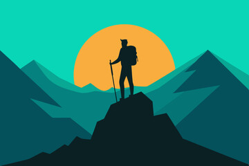 Silhouette of hiker on mountain peak at sunset