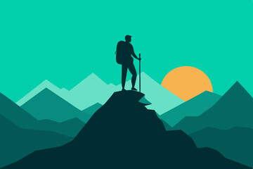 Silhouette of hiker on mountain peak at sunset