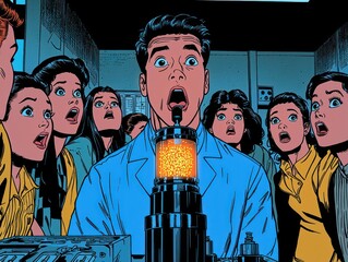 A man in a lab coat, mouth agape, gazes at a glowing device surrounded by a crowd of shocked onlookers.  The scene is rendered in a vibrant, comic-book style with bold outlines and contrasting colors