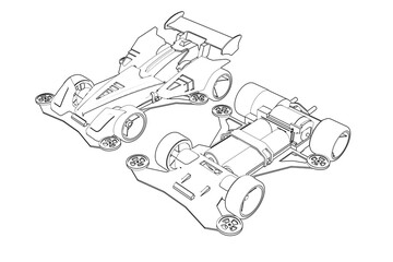 Wireframe, Depiction, Technical Drawing, Simple Line Art, Outline Illustration, Monochrome graphic showing two mini 4WD or yonku race cars. Ideal for technology, engineering, or hobby designs.