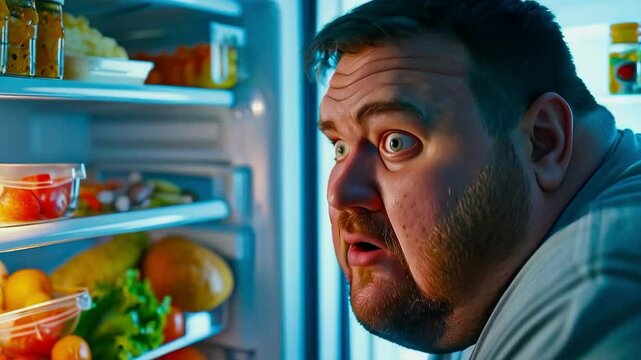 Fat obese man looks into the refrigerator at night in search of food