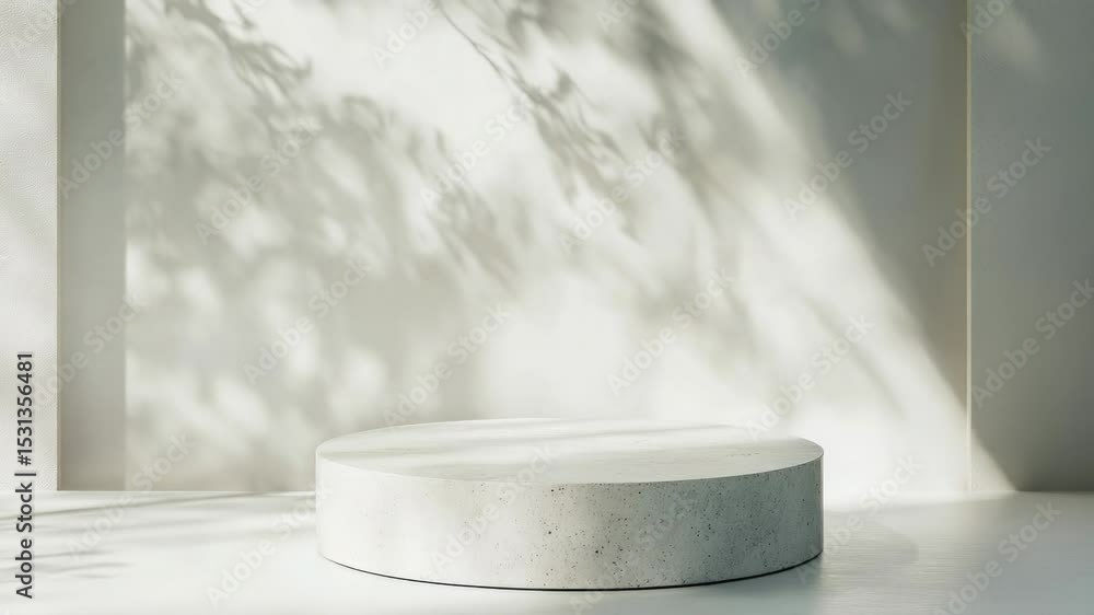 Poster a round concrete table in a simple white room setting
