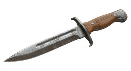 A worn fighting knife displays a rustic and aged texture, showcasing signs of heavy use and time.