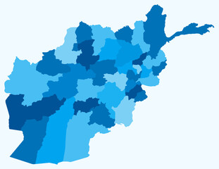 Map of Afghanistan with regions. A simple country border map with regional divisions. Light blue color palette. Blank Afghanistan shape with administrative division. Vector illustration.