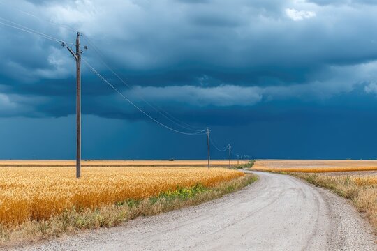 A dirt road winds through a golden wheat field, with ominous storm clouds overhead