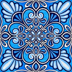 Classic Blue Geometric Watercolor Tile, Traditional Indigo Hand Drawn Mediterranean Mosaic Floral Square with Ornate Flower, Portuguese Azulejo, Ceramic Spanish or Mexican Talavera Ornamental Artwork