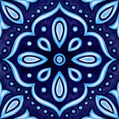 Classic Blue Geometric Watercolor Tile, Traditional Indigo Hand Drawn Mediterranean Mosaic Floral Square with Ornate Flower, Portuguese Azulejo, Ceramic Spanish or Mexican Talavera Ornamental Artwork