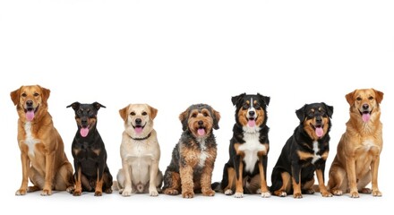 Lineup of various dog breeds sitting obediently side by side, clean studio setting, white background, playful expressions, professional pet photography, celebrating dog diversity