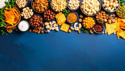 Assortment of Nuts and Snacks on Blue