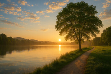 Scenic sunrise at peaceful lakeside with tree and dirt path, golden light reflecting on calm water, tranquil morning vibe.